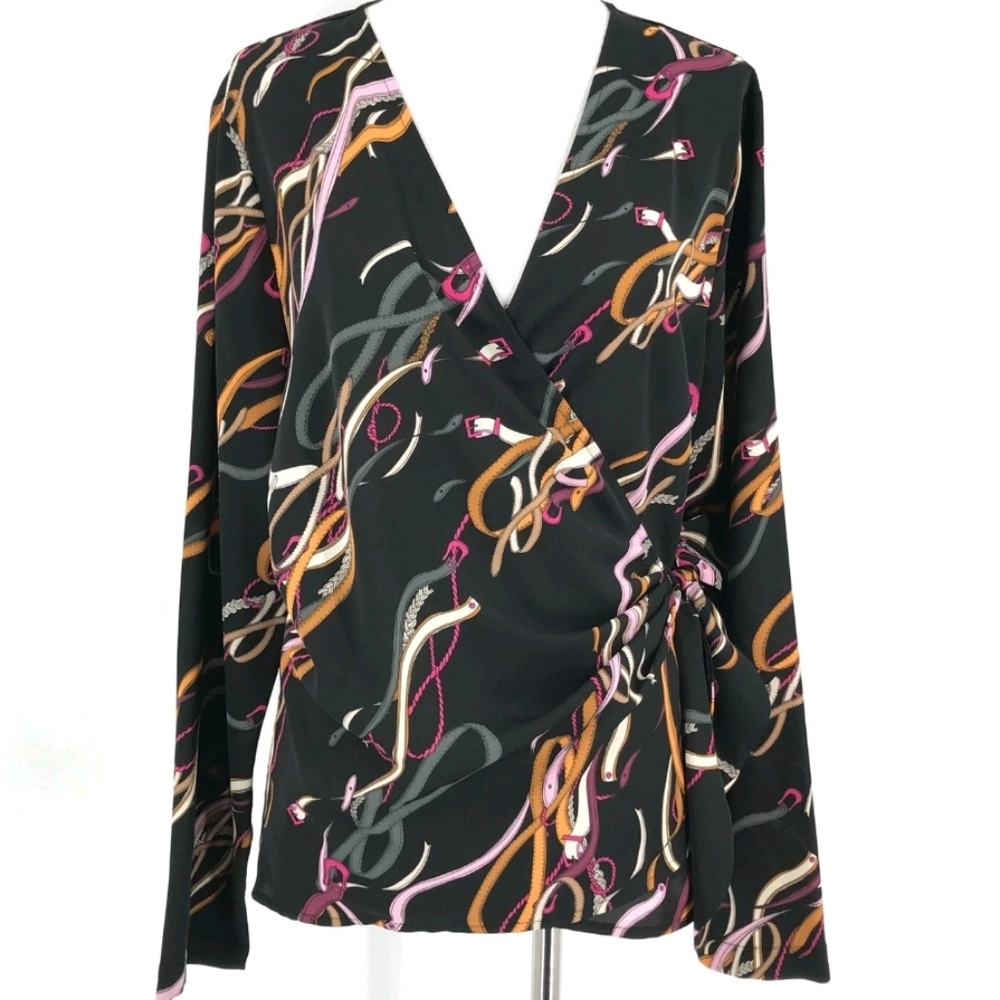 Nine West Wrap Blouse Belt Print Black Multicolor Top Size L - Picture 2 of 8